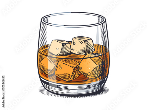 Create a vector illustration of a bold, stylized whiskey on the rocks.  Emphasize strong lines and a striking visual.