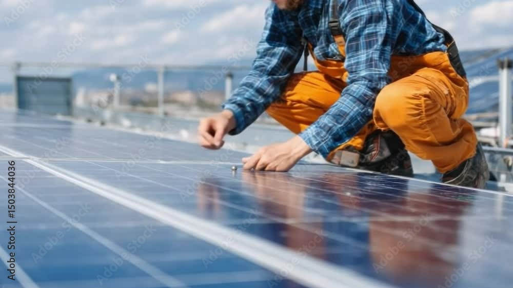Solar Panel Technician: A technician in safety gear meticulously installs solar panels on a rooftop under a bright sky, symbolizing clean energy solutions. Solar Panel Technician: A technician in safety gear meticulously installs solar panels on a rooftop under a bright sky, symbolizing clean energy solutions.