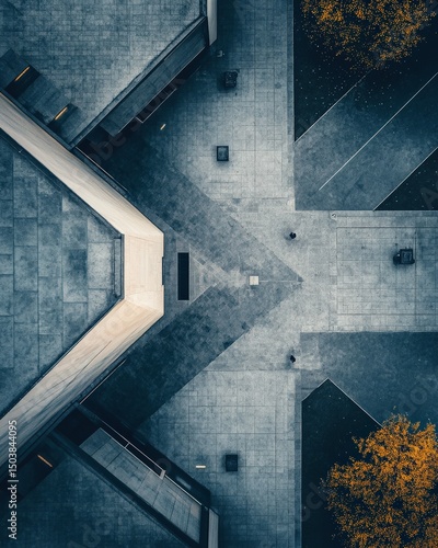 Aerial view of urban intersection surrounded by buildings and autumn trees