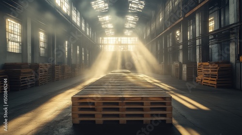 Sunlit industrial warehouse interior with pallets and dusty atmosphere