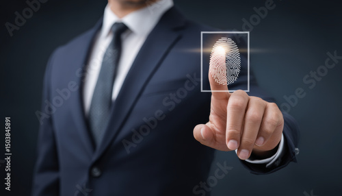 Wallpaper Mural Businessman in suit uses fingerprint scanning technology to prevent phishing and secure digital identity with advanced biometric authentication Torontodigital.ca