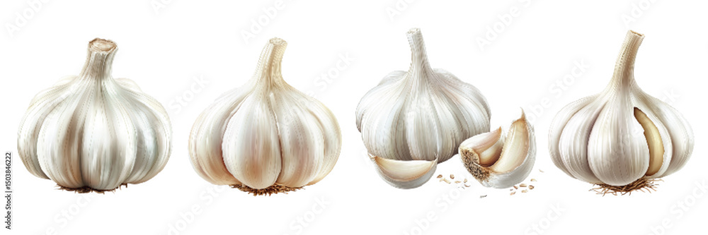 Obraz premium Group of fresh garlic bulbs and cloves arranged on a white background, showcasing different stages of garlic preparation