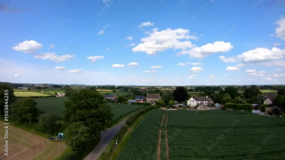 Serene Countryside Vista Picturesque Village Landscape with Lush Green Fields under a Blue Sky Serene Countryside Vista Picturesque Village Landscape with Lush Green Fields under a Blue Sky