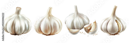Group of fresh garlic bulbs and cloves arranged on a white background, showcasing different stages of garlic preparation