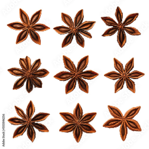 Star anise spice arranged in a grid pattern on a white background, showcasing its unique star-shaped structure and rich color