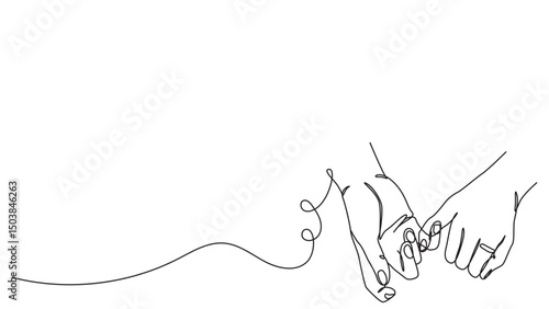 Continuous line drawing of couple doing pinky swear, hand with engagement ring
