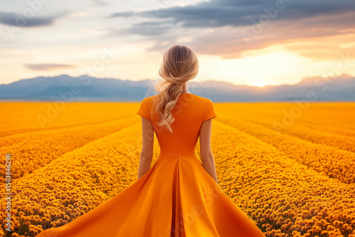 Woman in orange dress walking through vibrant yellow field during sunset, symbolizing freedom, confidence, and connection with nature