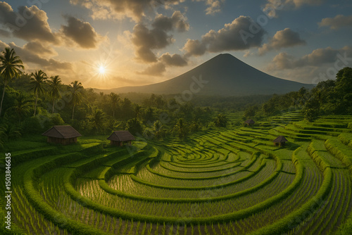 Golden Sunrise Over Lush Terraced Rice Fields