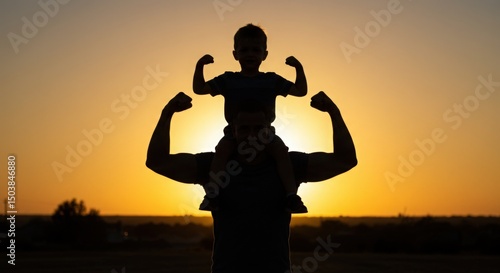 Silhouette of father and son showing strength at sunset