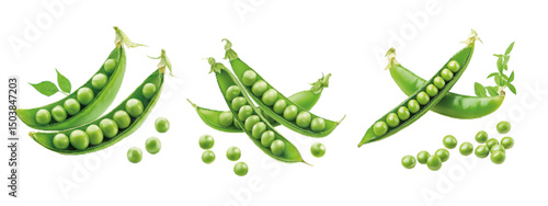 Fresh green peas in various pods with individual peas scattered around, showcasing vibrant colors and natural details