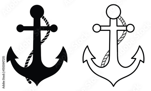 Anchor icon with rope, Anchor icon vector, symbol set. Silhouette of anchor marine hook vector icon.  Logo design for boat, ship, app, website. Vector illustration.
