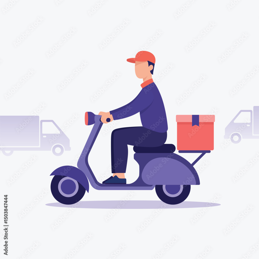 Flat vector illustration of a faceless delivery man riding a red scooter. Clean and editable for animation and graphic use. Flat vector illustration of a faceless delivery man riding a red scooter. Clean and editable for animation and graphic use.
