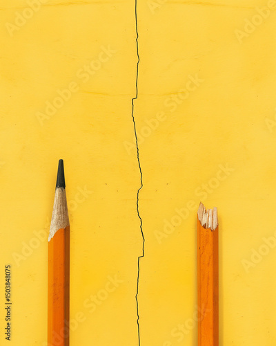 Conceptual representation of division portrayed through broken and intact pencils against a vibrant yellow background. Generative AI