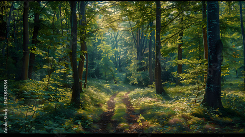 Serene Path Through Dense Forest at Sunrise