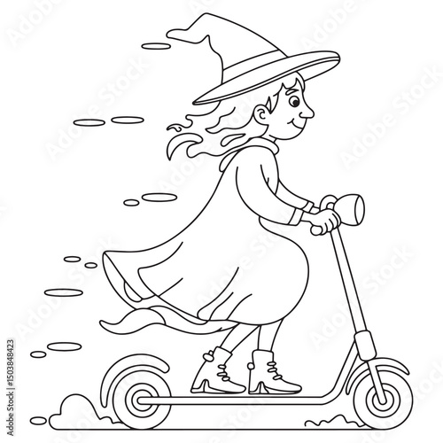 Witch Girl Flying on Scooter with Broom – Whimsical Halloween Line Art Illustration
