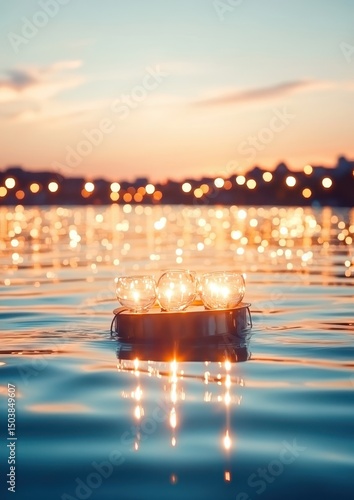 수면 위의 빛, 저녁 노을 배경의 촛불 장식