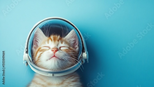 Sleepy kitten in astronaut helmet