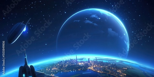 우주 도시의 야경과 외계 행성