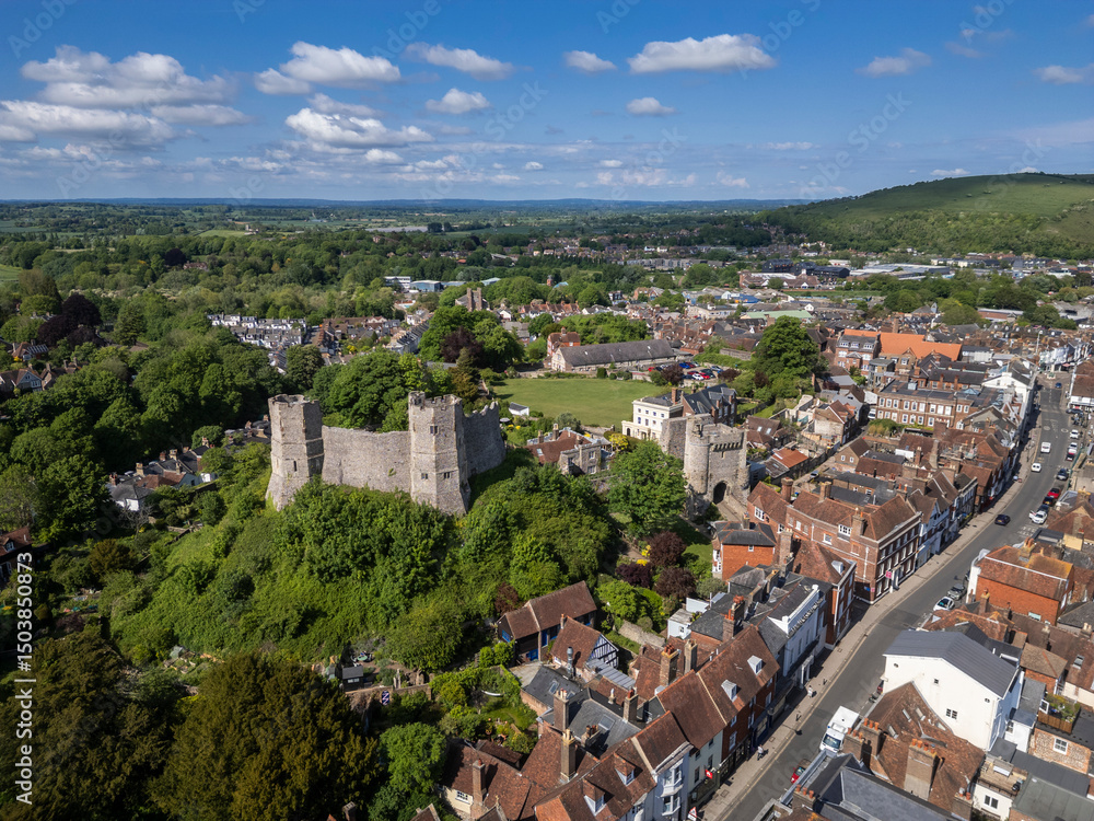 Obraz premium Beautiful aerial view to old historic medieval castle in green hill