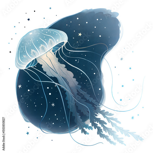 Luminescent blue jellyfish floats amidst stardust, its tentacles flowing gracefully, isolated on transparent background