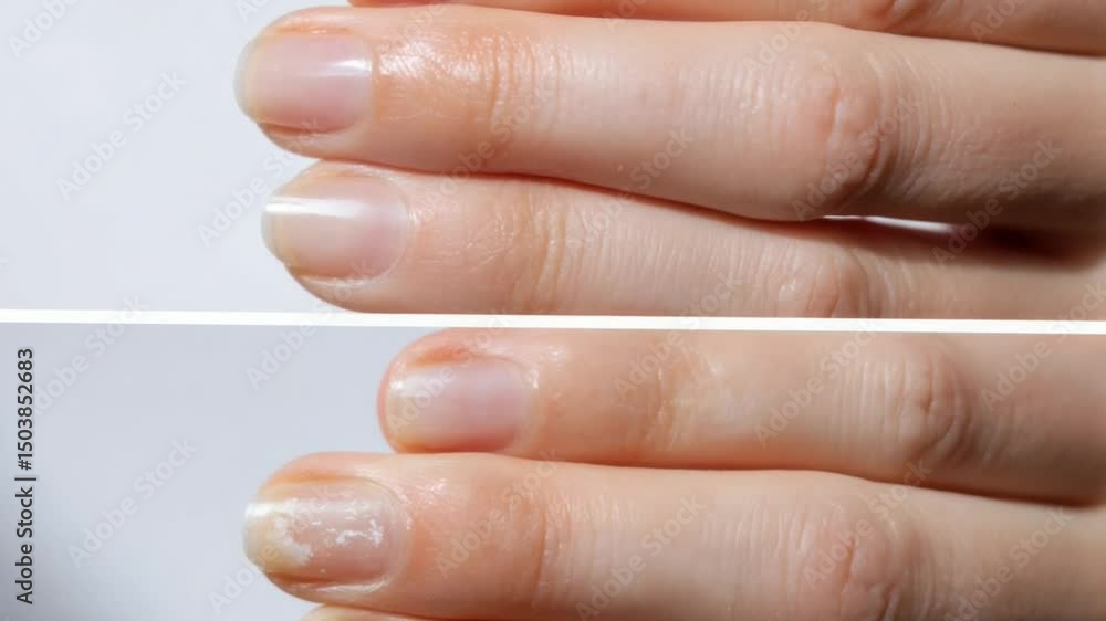 Healthy Nails vs. Damaged Nails: A comparative shot of well-maintained hands with healthy, clean nails and hands with signs of nail damage. Healthy Nails vs. Damaged Nails: A comparative shot of well-maintained hands with healthy, clean nails and hands with signs of nail damage.
