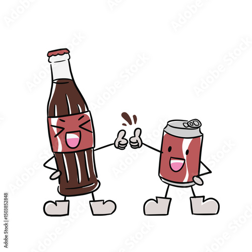 Hand drawing cartoon of Cola bottle and can cheering. It is a type of carbonated soft drink, often flavored with extracts from kola nuts and sweetened with sugar or artificial sweeteners
