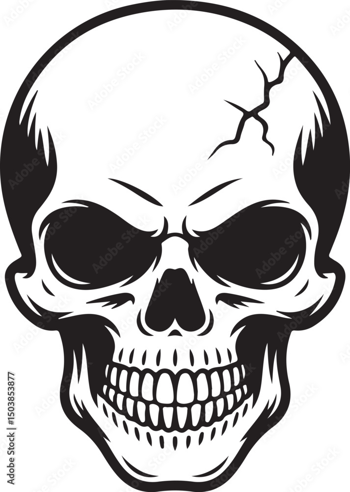Fototapeta premium Cracked Skull silhouette, Horror Tattoo Design, Grunge Skeleton Art | Detailed Black and White Skull Illustration With a Cracked Forehead Design