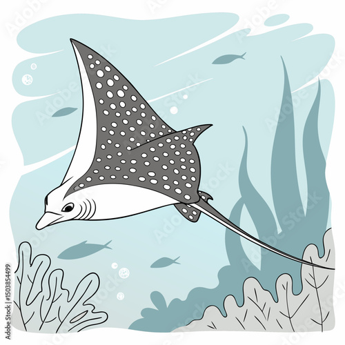 Graceful spotted eagle ray vector illustration featuring distinctive white spots and wing-like fins, ideal for ocean-themed designs.