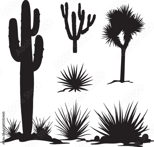 Silhouette of Desert Plants: Cacti, Yucca, and Agave Vector Illustration for Southwestern Decor, Graphics, and Botanical Designs