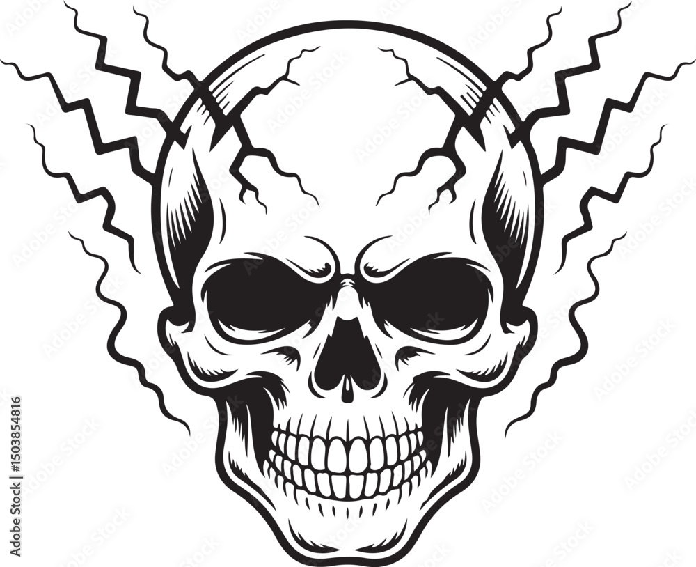 Fototapeta premium Cracked Skull silhouette, Horror Tattoo Design, Grunge Skeleton Art | Detailed Black and White Skull Illustration With a Cracked Forehead Design