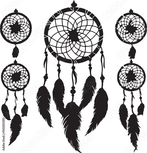 Dream Catcher Vector Art: Intricate Native American Dreamcatchers Silhouette Illustration for Crafts, Tribal Decor, and Spiritual Designs