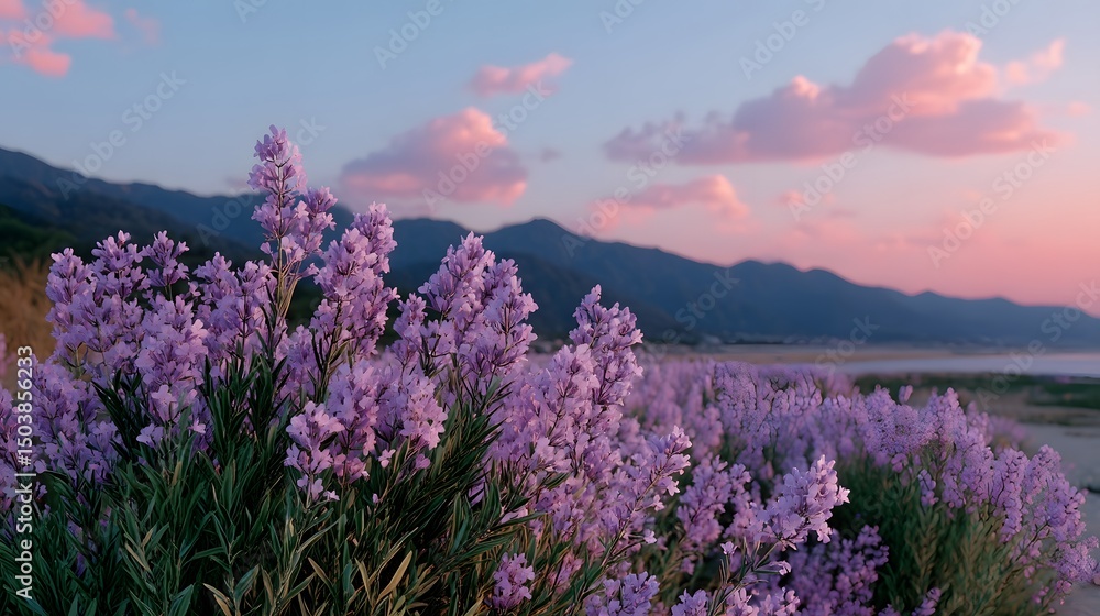 Fototapeta premium purple lavender blooming in the valley, with wind and fireflies, Generative AI