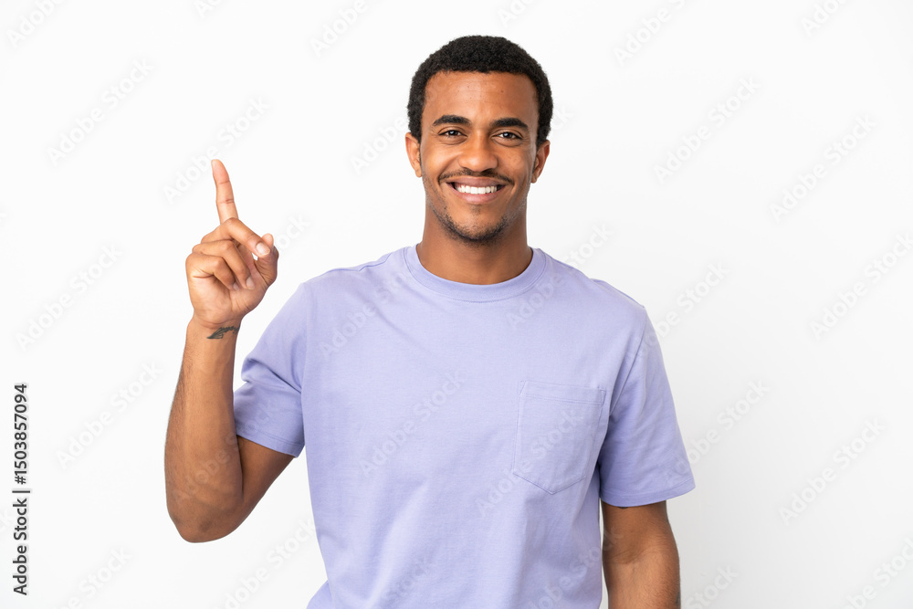 African American handsome man on isolated white background pointing up a great idea African American handsome man on isolated white background pointing up a great idea