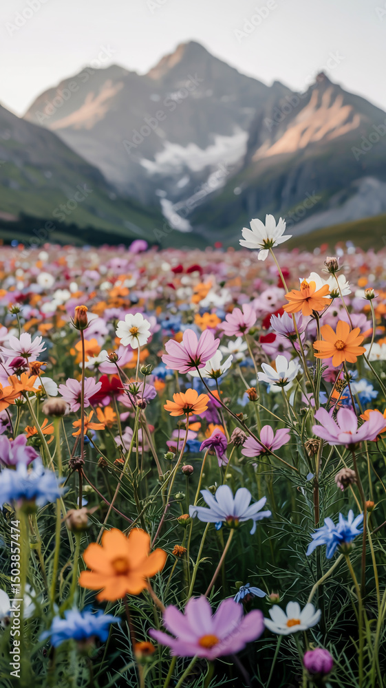 Fototapeta premium Macro shot of vibrant orange, pink, white, and blue wildflowers in sharp focus against softly blurred snow-capped mountains, with dramatic depth.