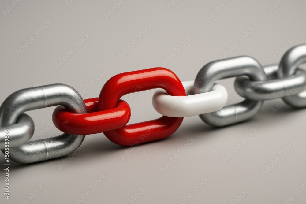 Obraz premium Metal chain with one red and one white link on gray background. Symbol of uniqueness, difference, weak link, or distinction