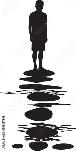 Silhouette of a Person Standing on Stepping Stones: Black and White Vector Illustration of a Figure Navigating a Path, Symbolizing Choices
