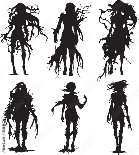 Silhouette Illustrations of Ethereal Female Figures: Dark Fantasy Art, Spooky Ghosts, and Creepy Monsters in Vector Graphics Style
