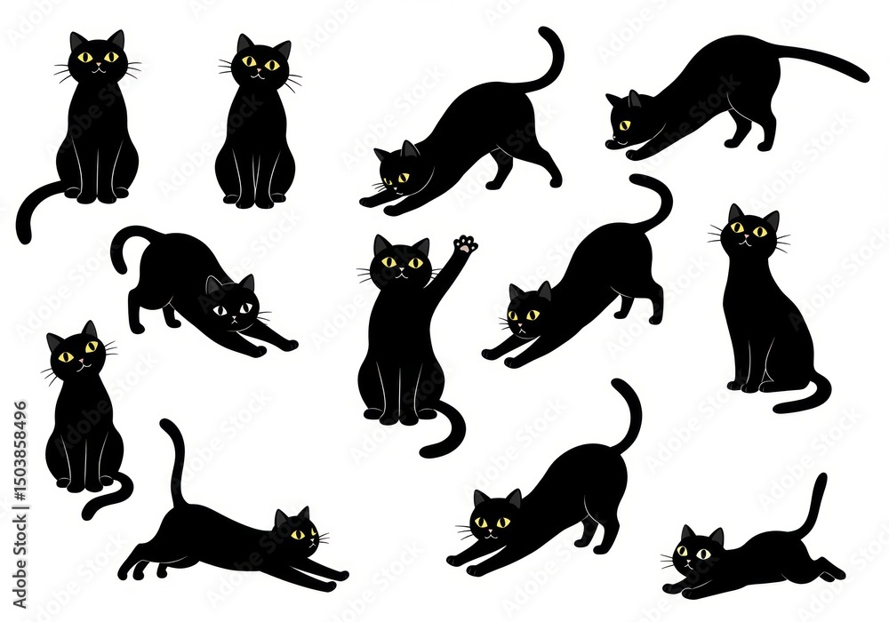 Fototapeta Black-and-white silhouettes of 12 black cats in playful poses.