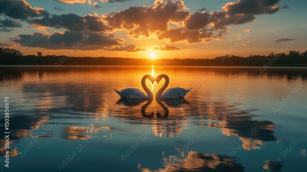 Fototapeta premium Two Swans Forming a Heart Shape at Sunset on a Lake
