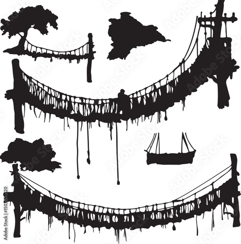 Silhouette Illustration of Rickety Rope Bridges in Jungle, Suspended High Above, Adventure Travel, Vector Graphic Design Element