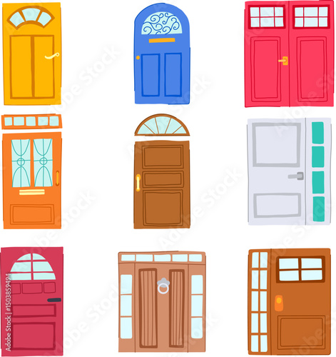 door house entrance set cartoon vector illustration