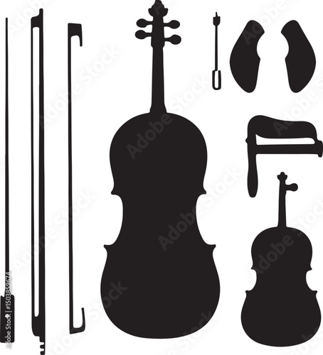 Silhouette of Violin, Bow, and Accessories: Vector Illustration for Music, Orchestra, and Classical Instrument Designs and Graphics