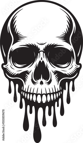 Melting Skull Vector, Dripping Horror Skull Illustration, Black and White Creepy Design, Gothic Tattoo Art, Monochrome Illustration of Melting Skull with Dripping Effect