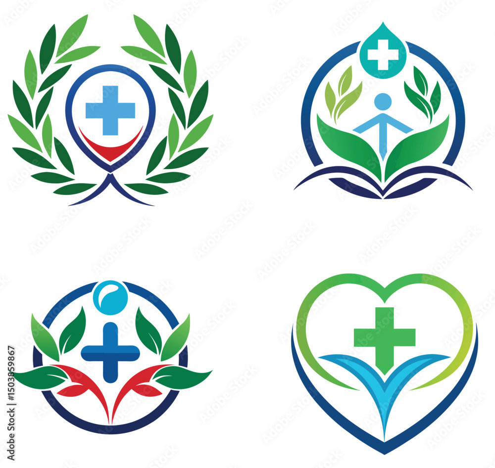 Obraz premium Four Medical Logos Healthcare Branding Green Leaves Cross Symbol
