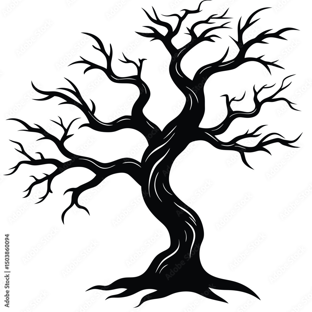 a crooked gnarled tree with branches bending in e