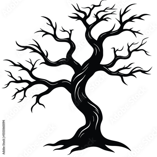 a crooked gnarled tree with branches bending in e