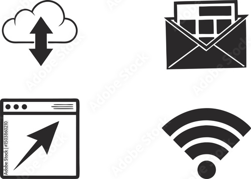 Web and Internet Icon Set. Digital Network Icon Collection. Online Technology Icon Design. Internet Connection Icon Pack. Website and Cloud Icon Set