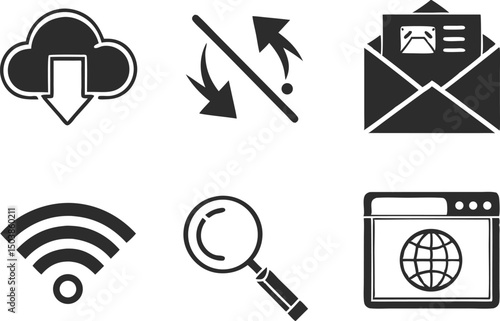 Web and Internet Icon Set. Digital Network Icon Collection. Online Technology Icon Design. Internet Connection Icon Pack. Website and Cloud Icon Set