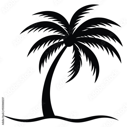 a curved coconut tree leaning toward the ocean wit