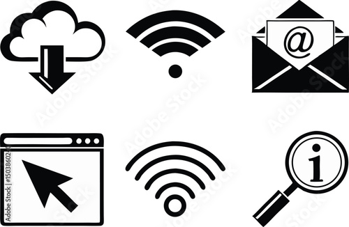 Web and Internet Icon Set. Digital Network Icon Collection. Online Technology Icon Design. Internet Connection Icon Pack. Website and Cloud Icon Set